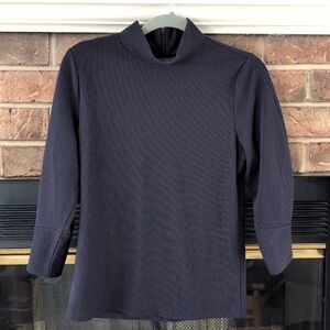 Women's Ann Taylor Small Neck Ribbed Top Dark Blue Textured Shirt